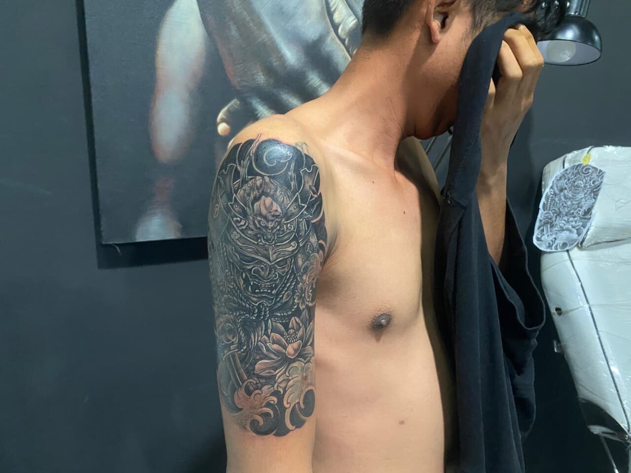 Samurai shoulder tattoo created at Rajas Ink