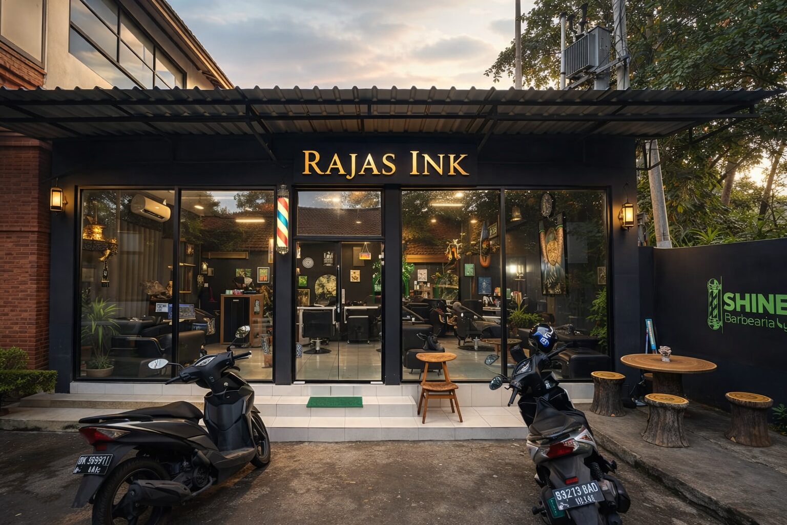 Rajas Ink storefront in Ubud at dusk